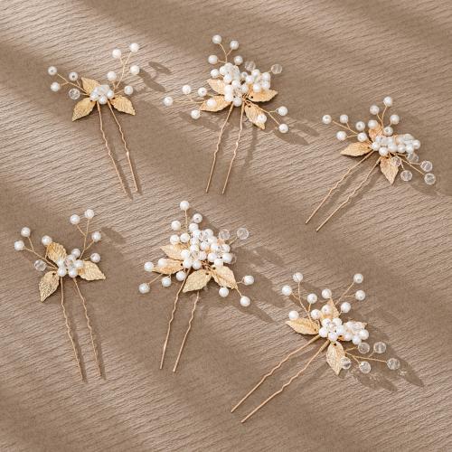 Hair Stick, Zinc Alloy, with Crystal & Plastic Pearl, fashion jewelry & for woman, golden 