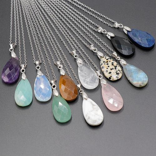 Gemstone Brass Pendants, Natural Stone, with Brass & Iron, Teardrop, silver color plated, DIY 