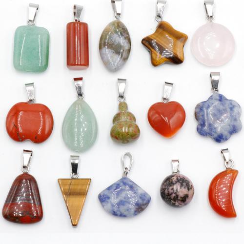 Gemstone Brass Pendants, Natural Stone, with Brass & Iron, silver color plated, DIY, Random Color mm 