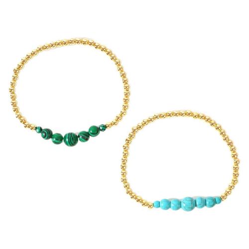 Bracelets en pierres précieuses, laiton, avec turquoise & Malachite, Rond, Placage de couleur d'or, bijoux de mode & pour femme, plus de couleurs à choisir Environ 17.5 cm, Vendu par PC