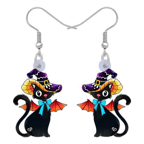 Acrylique Boucle d'oreille goutte, chat, Impression, Halloween Design & pour femme, noire, Vendu par paire[