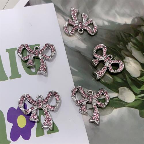 Zinc Alloy Rhinestone Pendants, Bowknot, silver color plated, DIY & with rhinestone, pink 