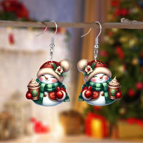 Christmas Earrings, Acrylic, Snowman, printing, Christmas Design & cute & for woman 