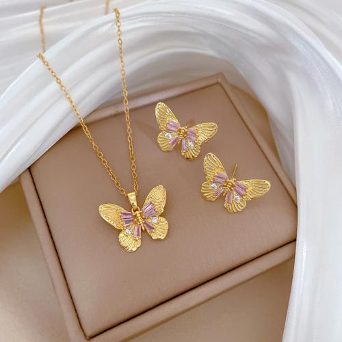 Titanium Steel Jewelry Set, Brass, with Titanium Steel, Butterfly, plated & for woman & with rhinestone, golden [