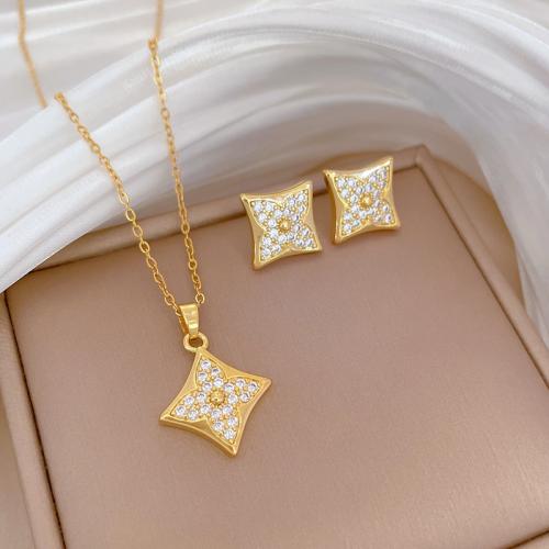 Titanium Steel Jewelry Set, with Brass, Rhombus, plated & for woman & with rhinestone, golden 