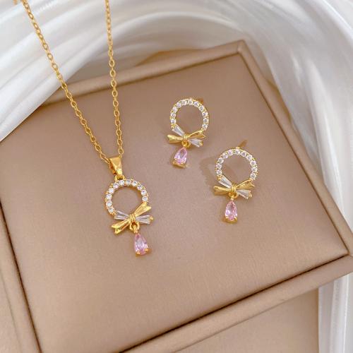 Titanium Steel Jewelry Set, with Brass, plated & for woman & with rhinestone & hollow, golden [