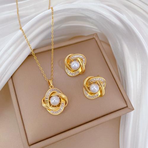 Titanium Steel Jewelry Set, with Plastic Pearl & Brass, Rhombus, plated & for woman & with rhinestone, golden [