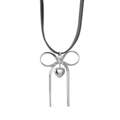 Stainless Steel Jewelry Necklace, 304 Stainless Steel, with leather cord, Bowknot, plated & for woman 