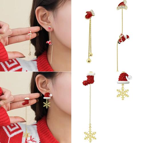 Pendientes de Navidad, aleación de zinc, con Perlas plásticas, chapado, diferentes estilos para la opción & micro arcilla de zirconia cúbica & para mujer & esmalte, dorado, Vendido por Par