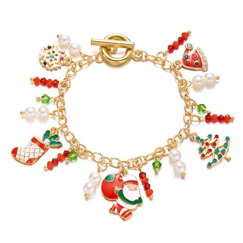 Zinc Alloy Christmas Bracelet, with Crystal & Plastic Pearl & Iron, handmade & micro pave cubic zirconia & for woman & enamel Approx 16 cm 