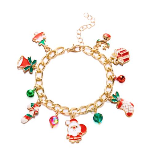 Zinc Alloy Christmas Bracelet, with Crystal & Plastic, plated & micro pave cubic zirconia & for woman & enamel, gold 