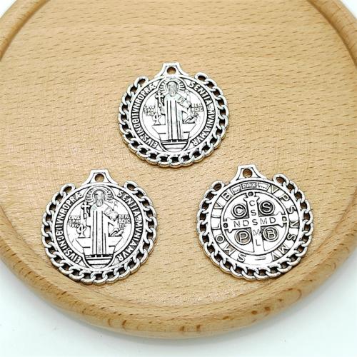 Zinc Alloy Saint Pendant, Round, antique silver color plated, DIY 