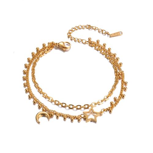 Acier inoxydable 304 bracelet, avec 2.6inch chaînes de rallonge, Lune et Etoile, Placage de couleur d'or, Double couche & pour femme Environ 6.9 pouce, Vendu par PC