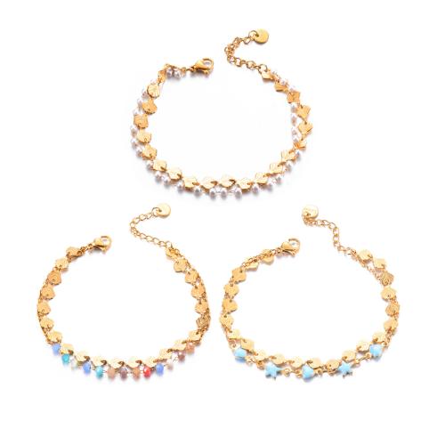 Acier inoxydable 304 bracelet, avec cristal & perle de plastique, avec 1.4inch chaînes de rallonge, Placage de couleur d'or, Style bohème & styles différents pour le choix & pour femme Environ 6.5 pouce, Vendu par PC