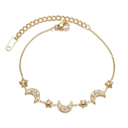 Acier inoxydable 304 bracelet, avec 2.6inch chaînes de rallonge, Lune et Etoile, Placage de couleur d'or, pour femme & avec strass Environ 6.9 pouce, Vendu par PC