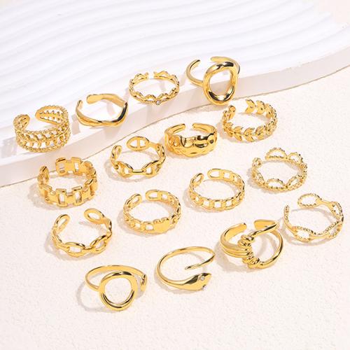 304 Stainless Steel Cuff Finger Ring, gold color plated & for woman & with rhinestone & hollow, US Ring .5-8 