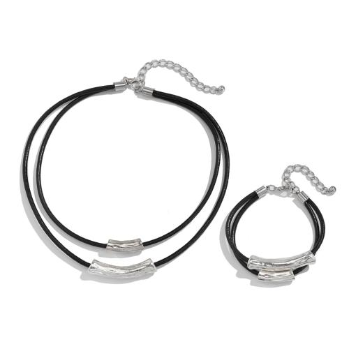 Fashion Zinc Alloy Jewelry Sets, with leather cord, with 7,5cm extender chain, platinum color plated, fashion jewelry & for woman, black Approx 41 cm, Approx 17 cm 