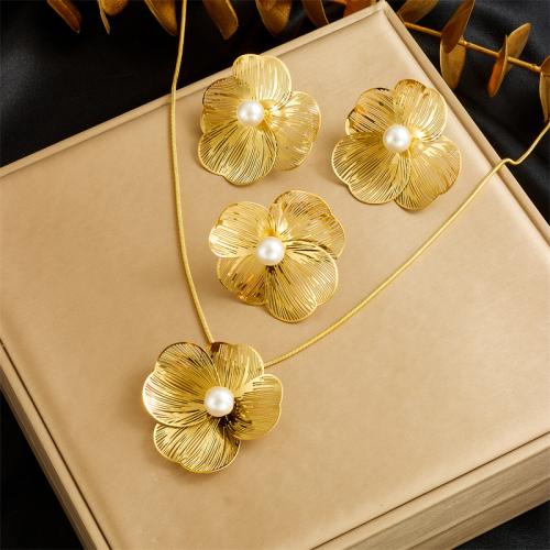 Fashion Stainless Steel Jewelry Sets, 304 Stainless Steel, with Plastic Pearl, Flower, fashion jewelry & for woman Approx 40 cm 