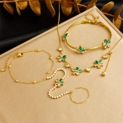 Rhinestone stainless steel Jewelry Set, 304 Stainless Steel, Flower & for woman & with rhinestone, golden 