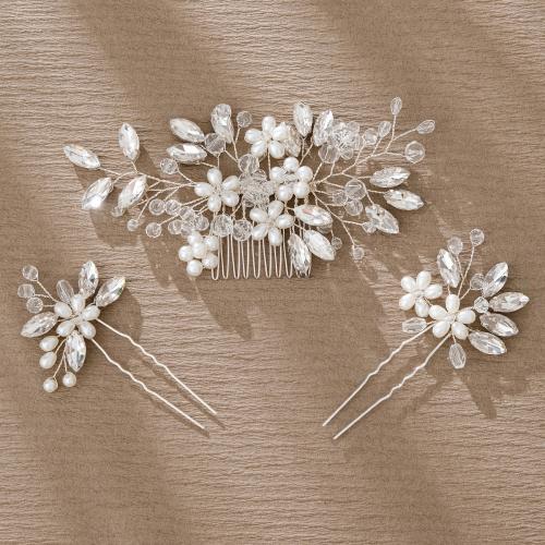 Brass Hair Jewelry Set, hair comb & hair stick, with Crystal & Plastic Pearl, three pieces & for woman & with rhinestone [