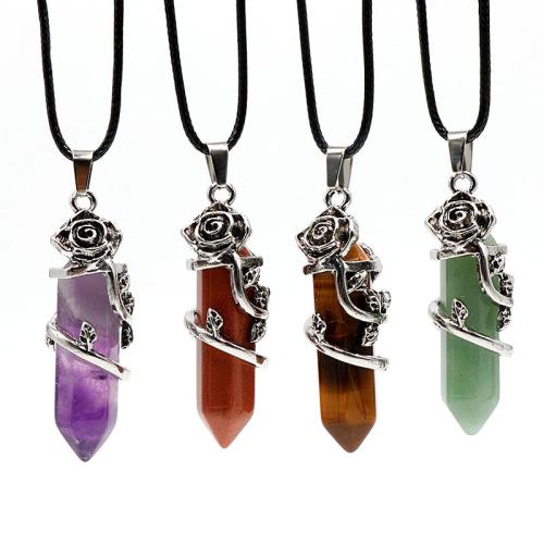 Gemstone Necklaces, Natural Stone, with leather cord & Brass & Iron, silver color plated & Unisex Approx 40 cm 