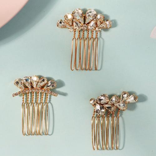 Decorative Hair Combs, Zinc Alloy, gold color plated, for bridal & with rhinestone 