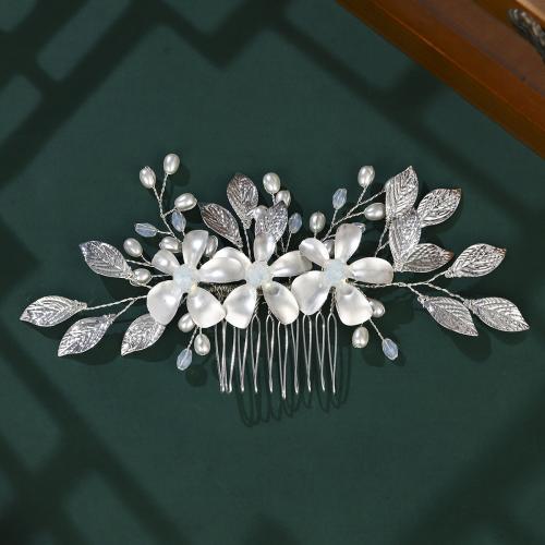 Decorative Hair Combs, Zinc Alloy, with Plastic Pearl, Flower, silver color plated, for bridal, white 