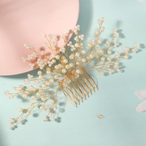 Decorative Hair Combs, Zinc Alloy, with Plastic Pearl, gold color plated, for bridal 