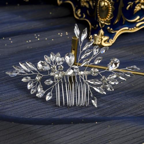 Decorative Hair Combs, Zinc Alloy, silver color plated, for bridal & with rhinestone 