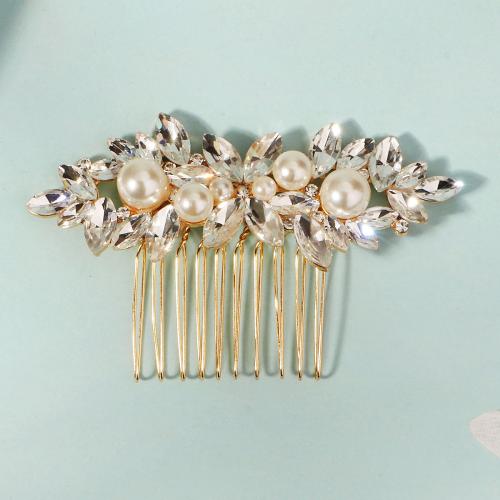 Decorative Hair Combs, Zinc Alloy, with Plastic Pearl, Flower, gold color plated, for bridal & with rhinestone 