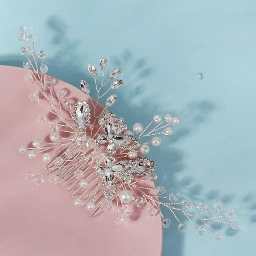 Decorative Hair Combs, Zinc Alloy, with Plastic Pearl, Butterfly, silver color plated, for bridal & with rhinestone 