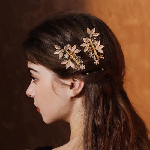 Hair Slide, Zinc Alloy, Leaf, gold color plated, for bridal & with rhinestone 