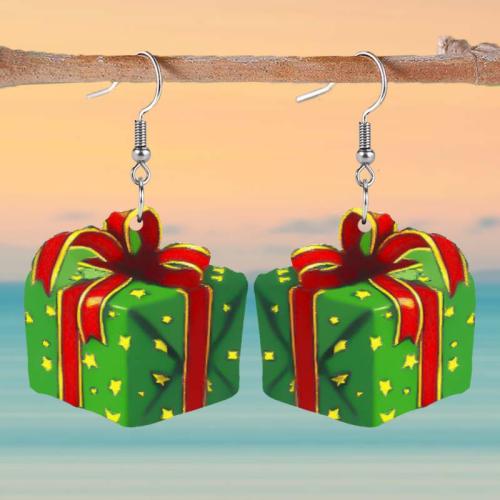 Christmas Earrings, Acrylic, Box, printing, Christmas Design & for woman, green 