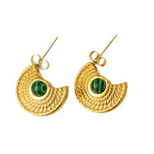 Titanium Steel Earrings, with Malachite & Tiger Eye & Green Aventurine, plated & for woman, gold 