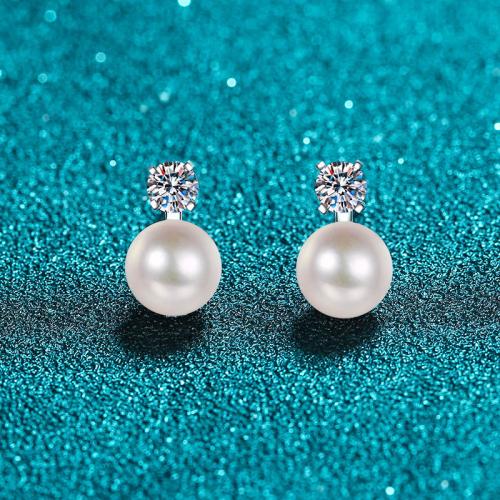 925 Sterling Silver Stud Earring, with Moissanite & Freshwater Pearl & for woman, earring length 10-15mm 