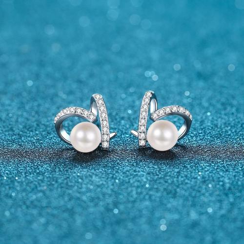 Argent sterling 925 boucle d oreille dormeuse, avec Moissanite & perle d'eau douce cultivée, coeur, pour femme & creux, earring length 10-15mm, Vendu par paire[