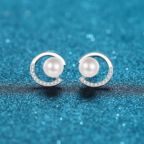 Argent sterling 925 boucle d oreille dormeuse, avec Moissanite & perle d'eau douce cultivée, pour femme & creux, earring length 10-15mm, Vendu par paire[