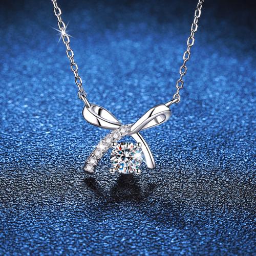 925 Sterling Silver Necklace, with 2inch extender chain, Bowknot, platinum plated, cross chain & for woman Approx 15.7 Inch 