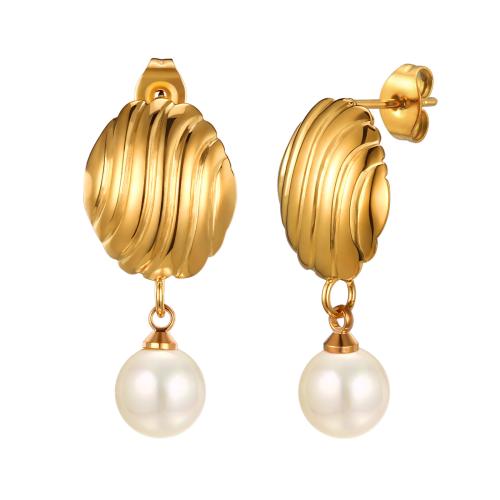 Stainless Steel Drop Earring, 304 Stainless Steel, with Plastic Pearl, fashion jewelry & for woman, golden 