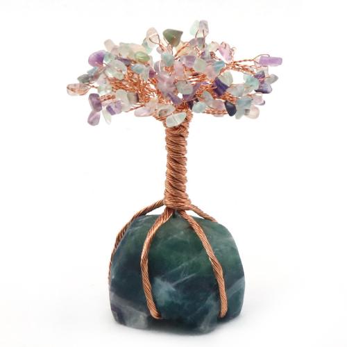 Rich Tree Decoration, Natural Stone, with brass wire, rose gold color plated, for home and office 