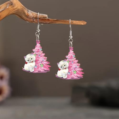 Christmas Earrings, Acrylic, Christmas Tree, printing, Christmas Design & for woman, pink 