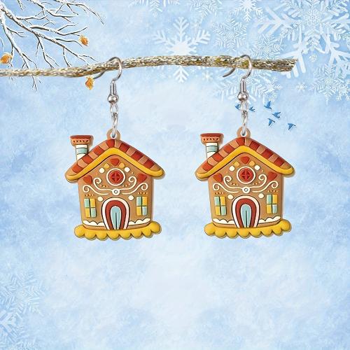 Christmas Earrings, Acrylic, House, printing, Christmas Design & for woman 