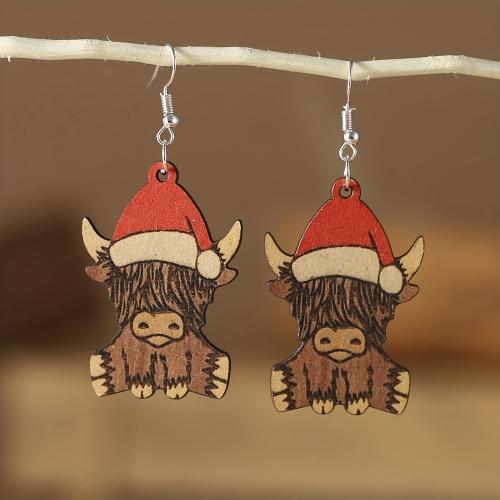 Christmas Earrings, Wood, Bull, printing, Christmas Design & cute & for woman 