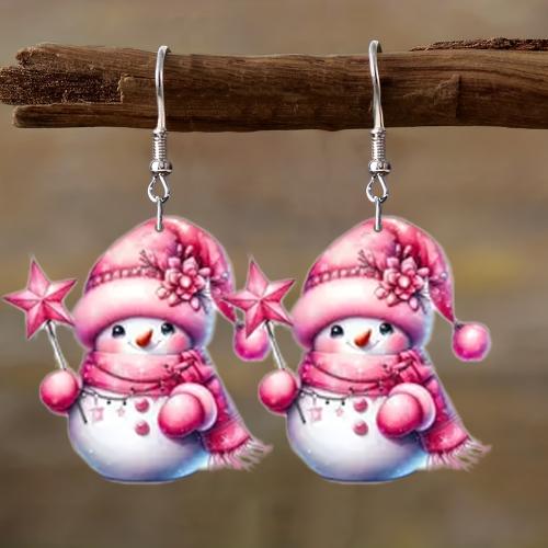 Christmas Earrings, Acrylic, Snowman, printing, Christmas Design & cute & for woman, pink 