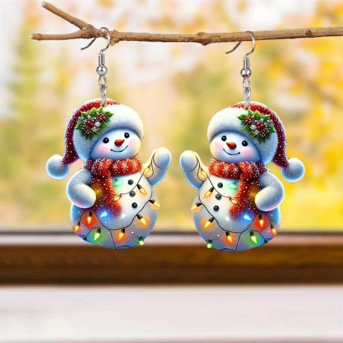 Christmas Earrings, Acrylic, Snowman, printing, Christmas Design & cute & for woman 