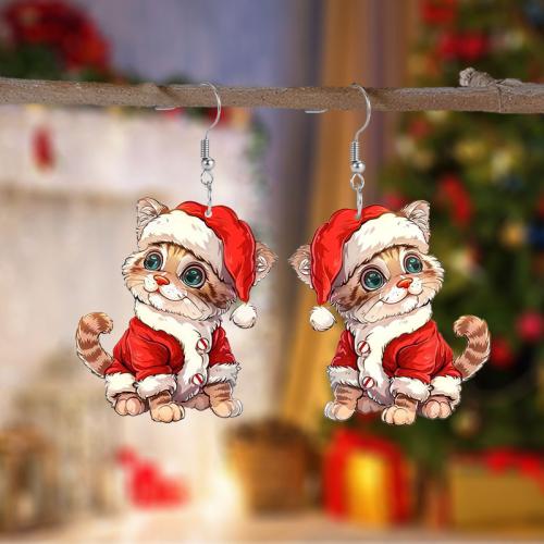 Christmas Earrings, Acrylic, Cat, printing, Christmas Design & cute & for woman 