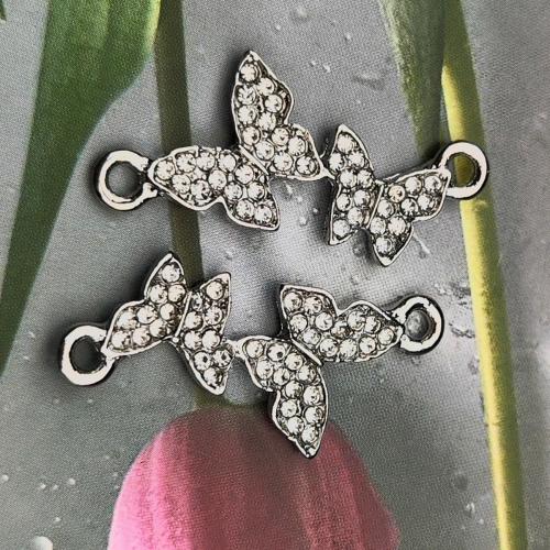 Rhinestone Zinc Alloy Connector, Butterfly, silver color plated, DIY & with rhinestone & 1/1 loop [