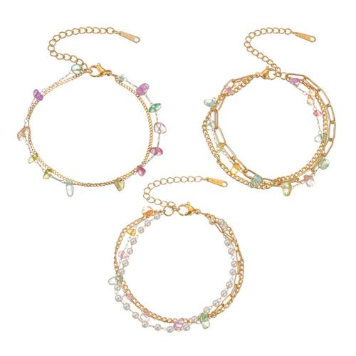 Stainless Steel Chain Bracelets, 304 Stainless Steel, with Natural Gravel & Plastic Pearl, 18K gold plated, fashion jewelry & for woman 