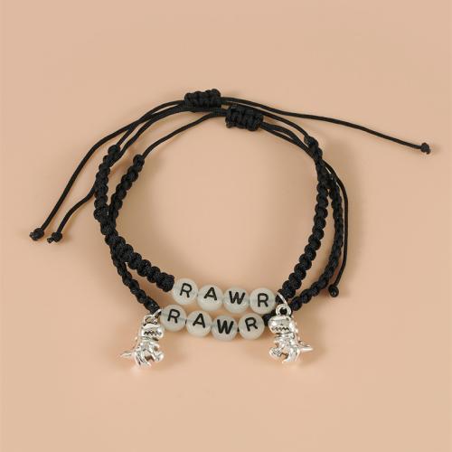 Fashion Create Wax Cord Bracelets, Zinc Alloy, with Wax Cord & Acrylic, 2 pieces & Unisex & luminated, black 