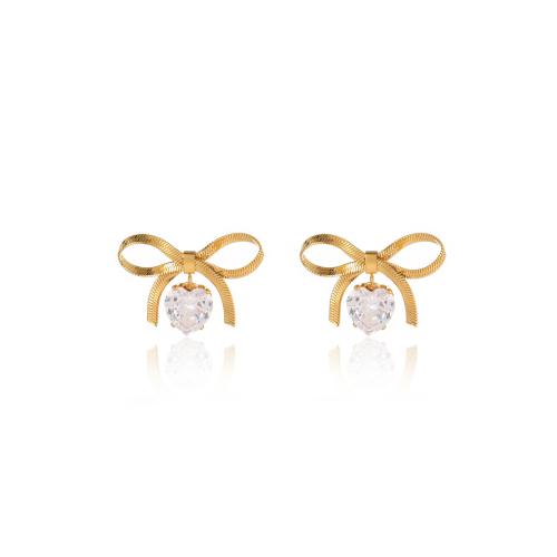 Stainless Steel Rhinestone Stud Earring, 304 Stainless Steel, Bowknot, 18K gold plated, fashion jewelry & for woman & with rhinestone, golden 